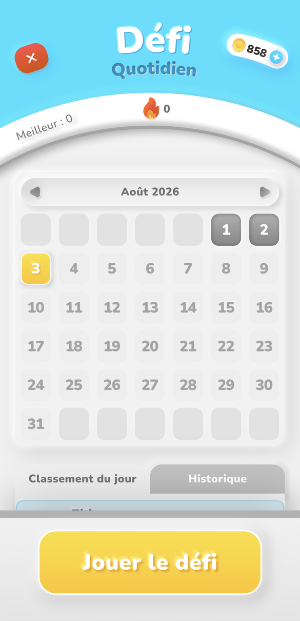 Daily challenge calendar and leaderboard