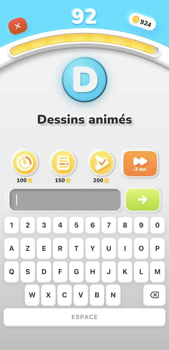Game screen: the topic “Cartoons” and the letter D